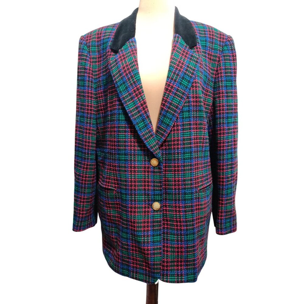 Vintage Joan Leslie 18W Plus Size 90s Plaid Wool Blend Blazer Velvet Collar Chic